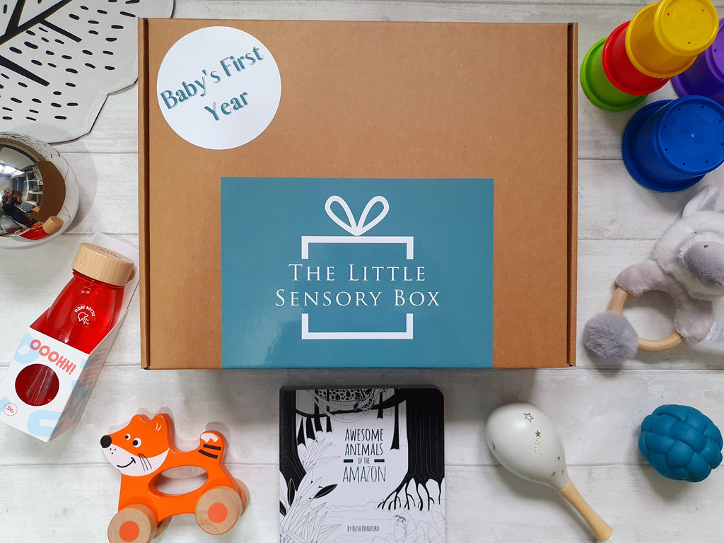 A picture of a range of baby sensory, wooden toys and books from the Baby's First Year Subscription Package. The image also shows the actual box. Toys in the picture include a wooden maraca, a petit boum sensory float bottle, a little black and white book project board book, a textured sensory ball, baby stacking cups, a wooden push along fox toy, a baby rattle and more.