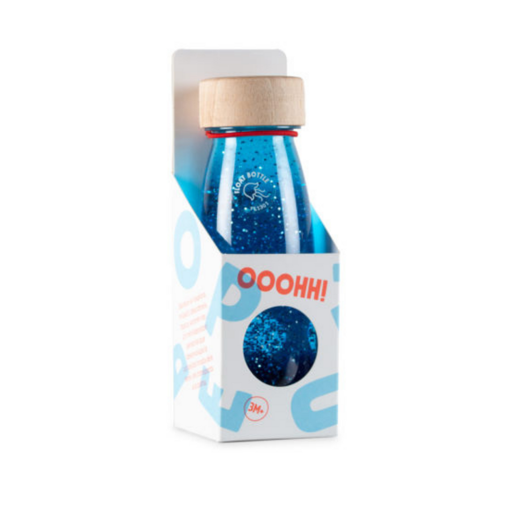 Petit Boum blue sensory float bottle in it's packaging