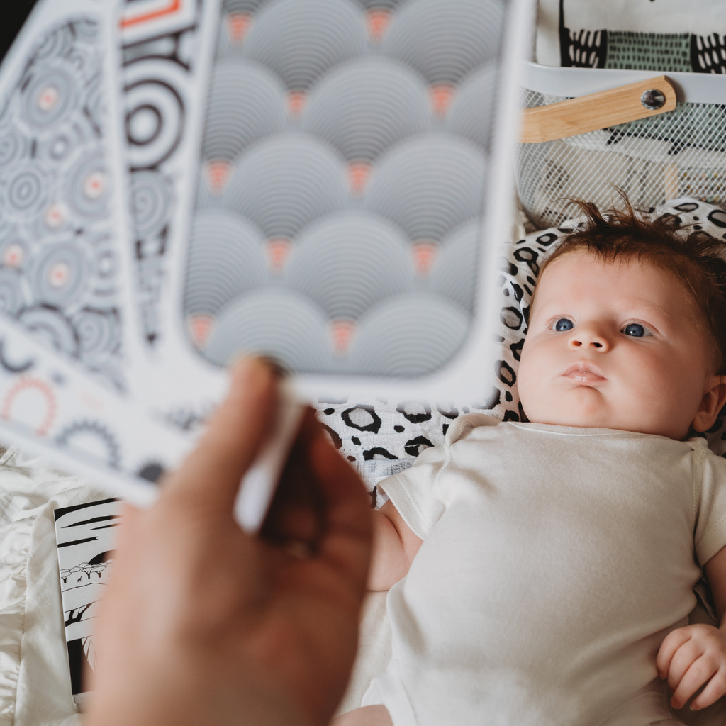 a newborn baby being shown some high contrast baby visual cards from the 0-3 month baby's first year subscription box.