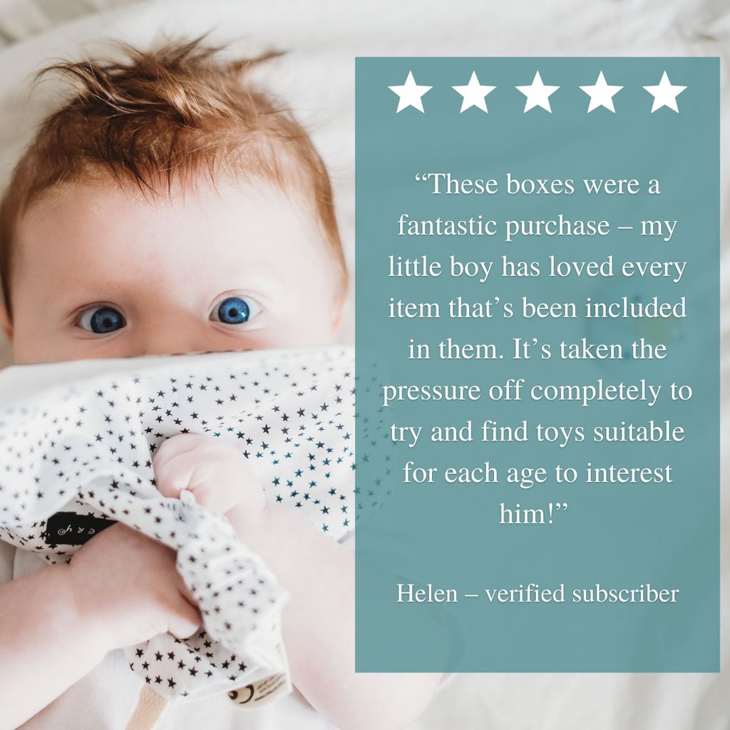A baby holding a Wee gallery crinkle toy from the Newborn Sensory Baby's First Year Subscription Box and a customer review