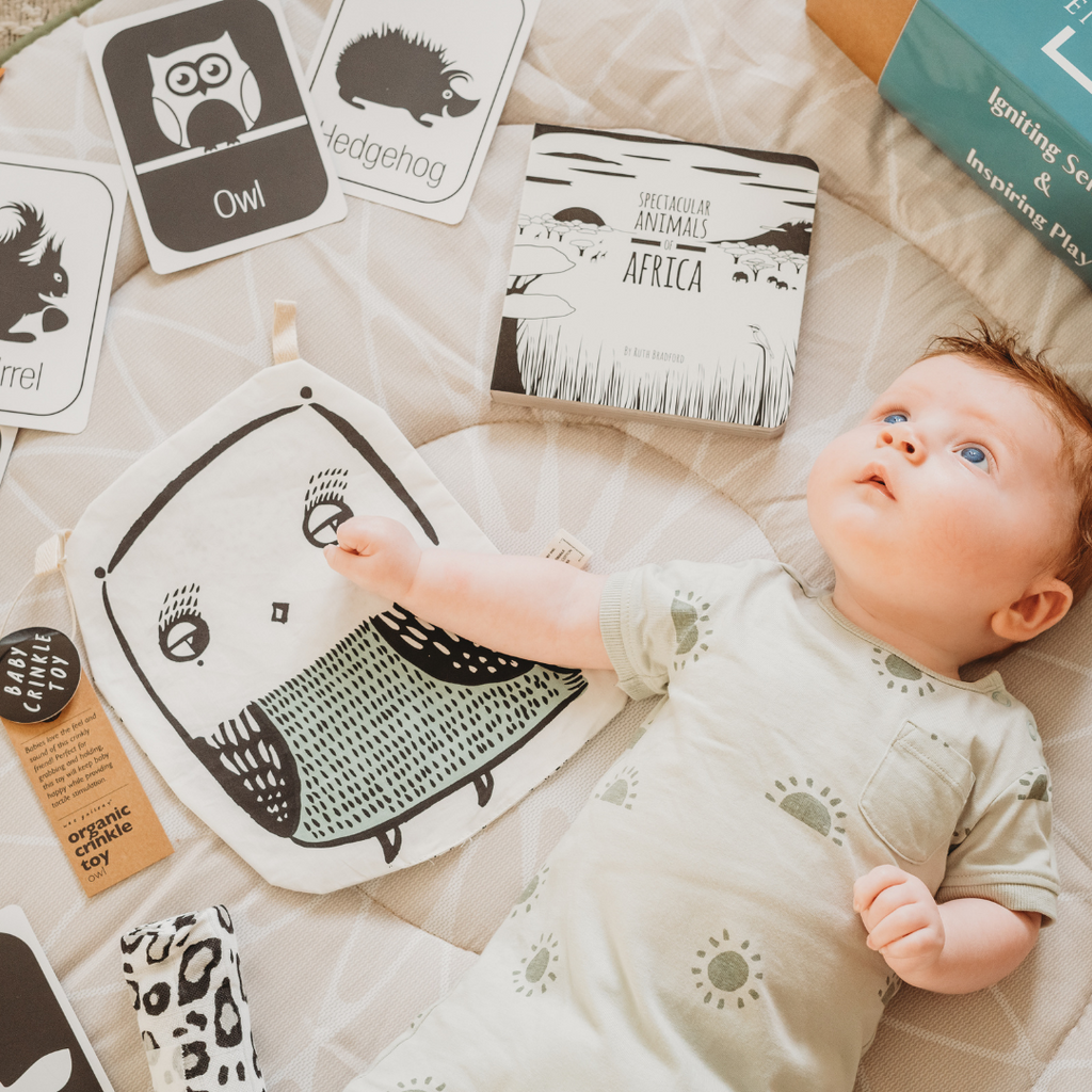 A newborn baby surrounded by black and white sensory baby toys including high contrast visual cards, a black and white board book, a wee gallery crinkle toy and a printed muslin - these are items from the Baby's First Year Subscription Newborn box.