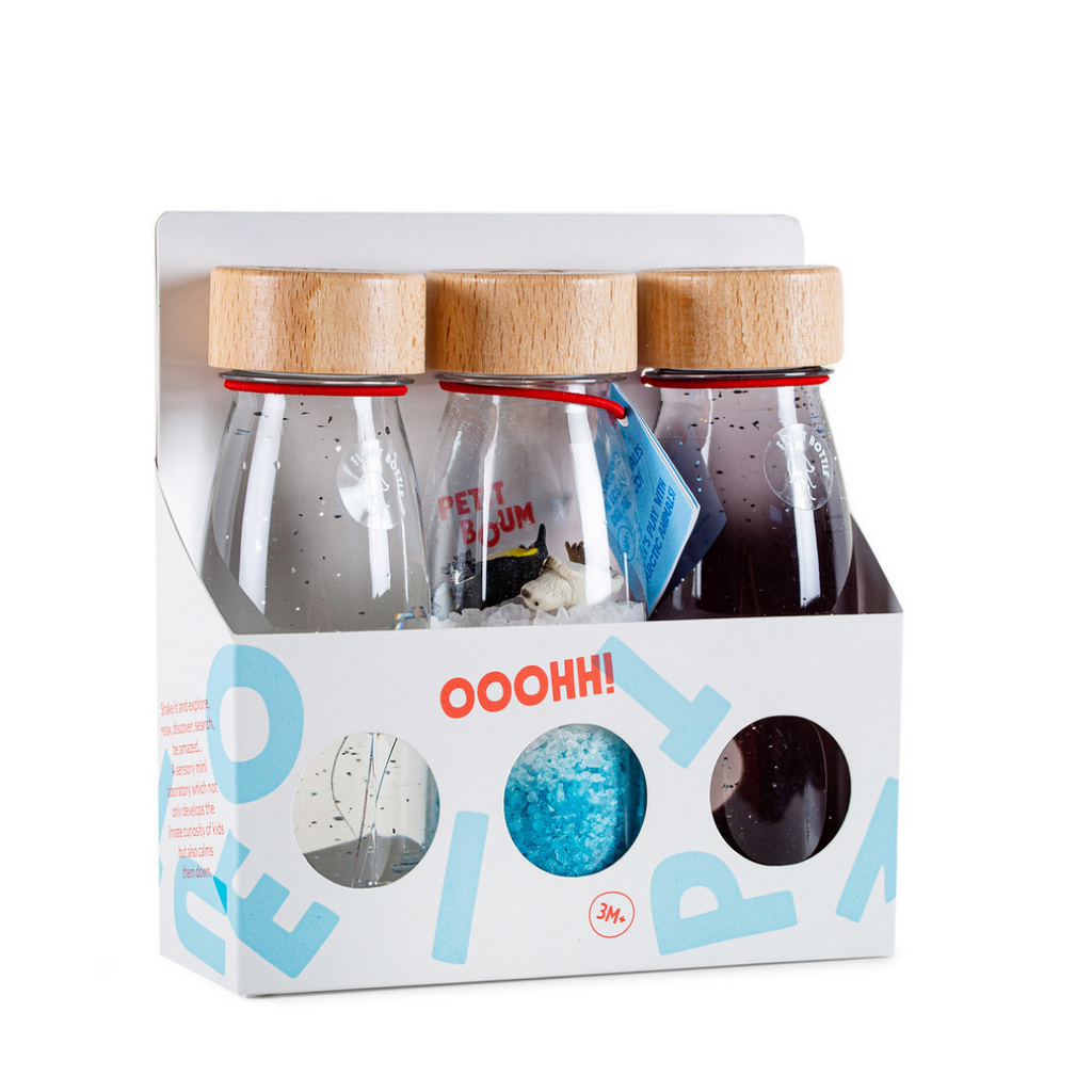 Petit Boum Ice Pack - Baby Sensory Bottle Set - 1 x Silver Petit Boum Float Sensory Bottle - 1 x Artic Petit Boum Spy Sensory Bottle - 1 x black Petit Boum Float Sensory Bottle and packaging