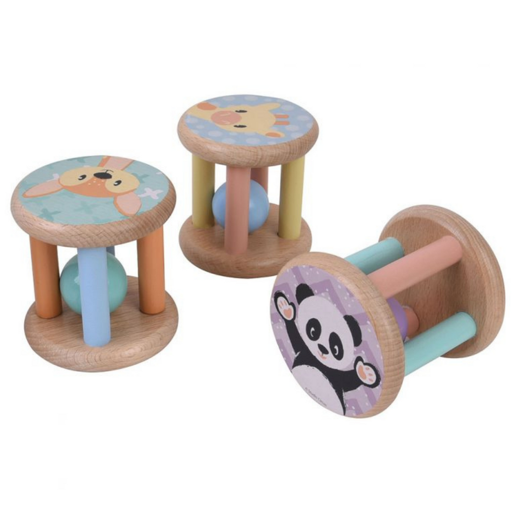 Studio circus pastel wooden caged baby rattles with wooden ball. 3 designs, Panda, Deer and Giraffe.
