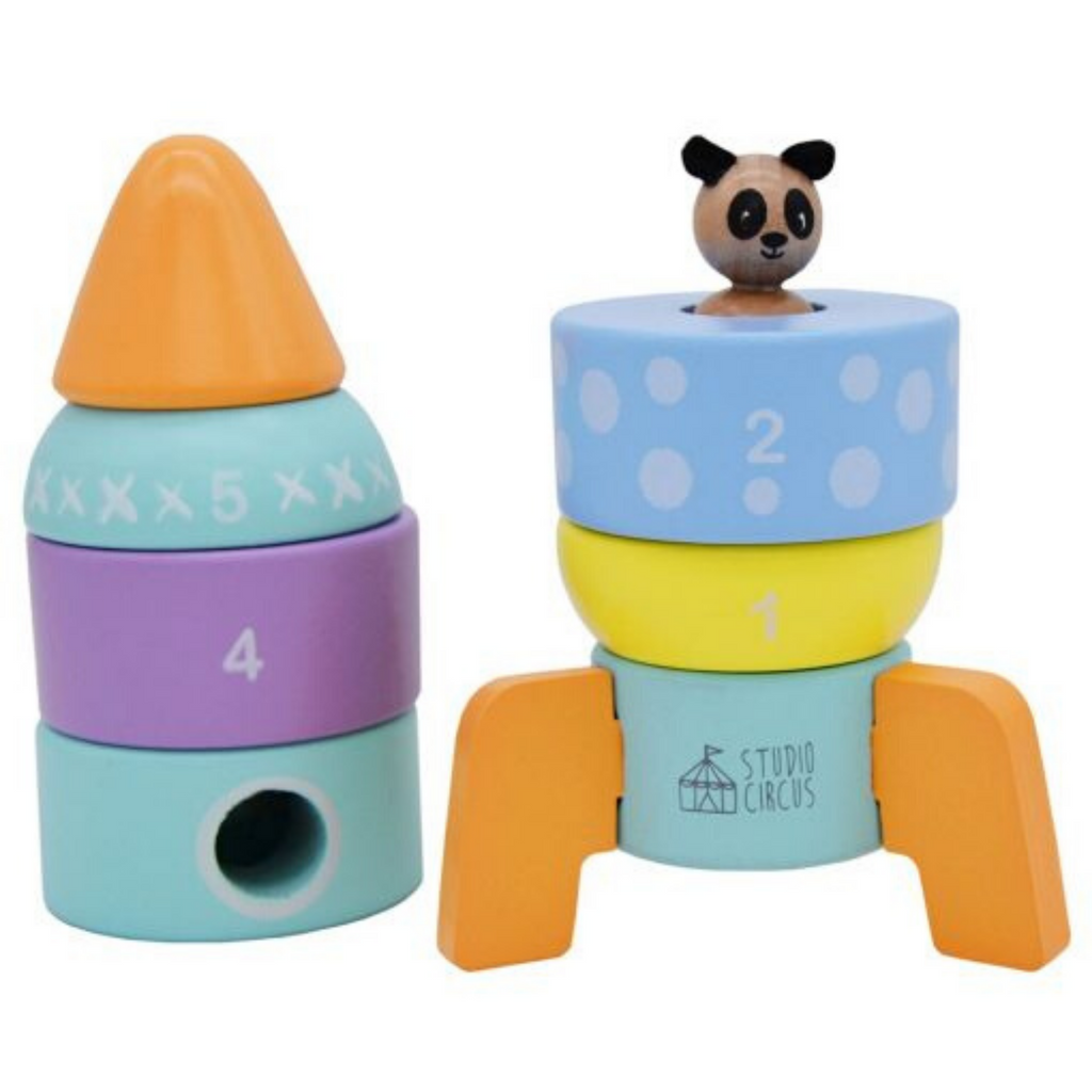 Studio Circus Wooden Peekaboo Stacking Rocket Tower, half stacked showing the hidden Panda pilot. 