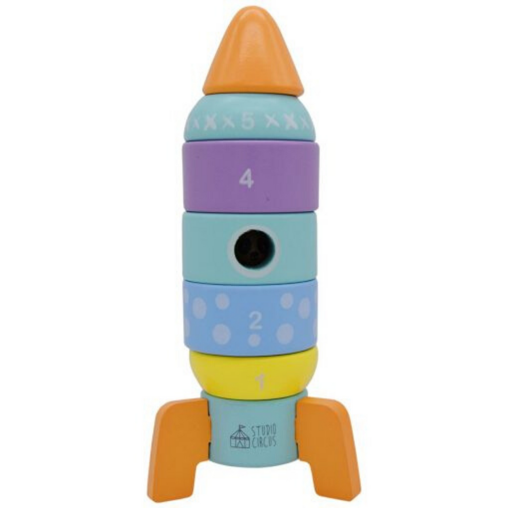 Studio Circus Wooden Peekaboo Panda Stacking Rocket Tower all stacked up.