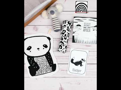 A stop motion video showing an example of the black and white baby toys that come within the Newborn Sensory Baby's First Year Subscription Box. Video shows a Wee gallery panda crinkle toy, a koala stripey white and grey soft rattle, a black and white printed muslin, a board book from The Little Black and White Book Project, Block Sensory decals and a set of woodland high contrast baby visual cards.