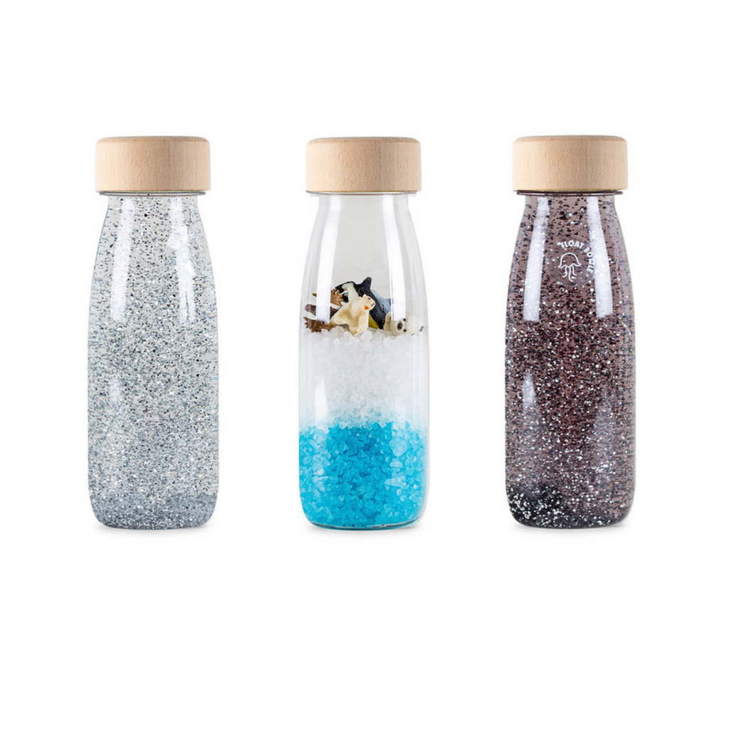 Petit Boum Ice Pack - Baby Sensory Bottle Set - 1 x Silver Petit Boum Float Sensory Bottle - 1 x Artic Petit Boum Spy Sensory Bottle - 1 x black Petit Boum Float Sensory Bottle